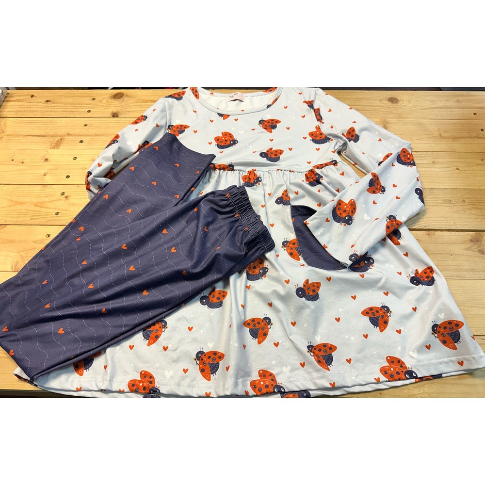 Pete + Lucy Girls Dress and Leggings Set Size 10/12 Ladybug Hearts